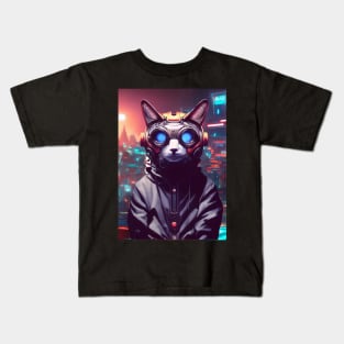 Cool Japanese Techno Cat In Japan Neon City Kids T-Shirt